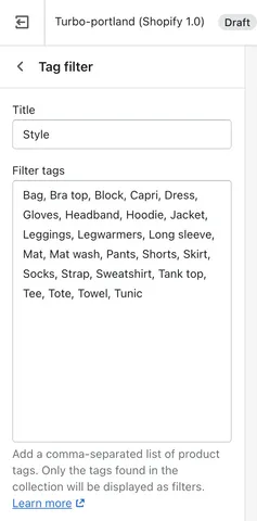 Tag filter in theme customizer