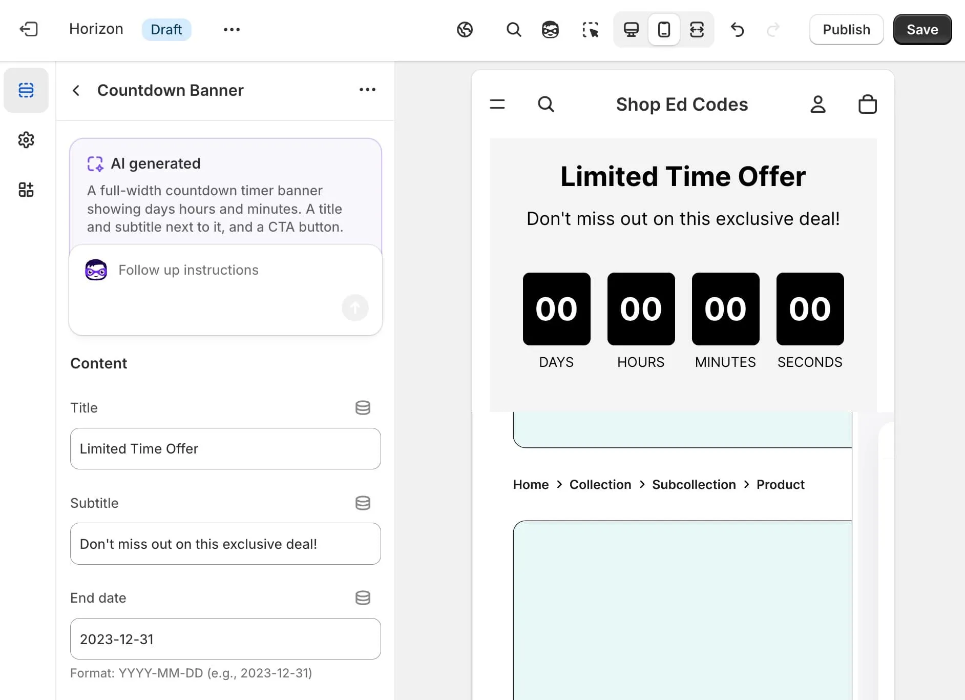 AI Generated Countdown timer block for Shopify Horizon themes