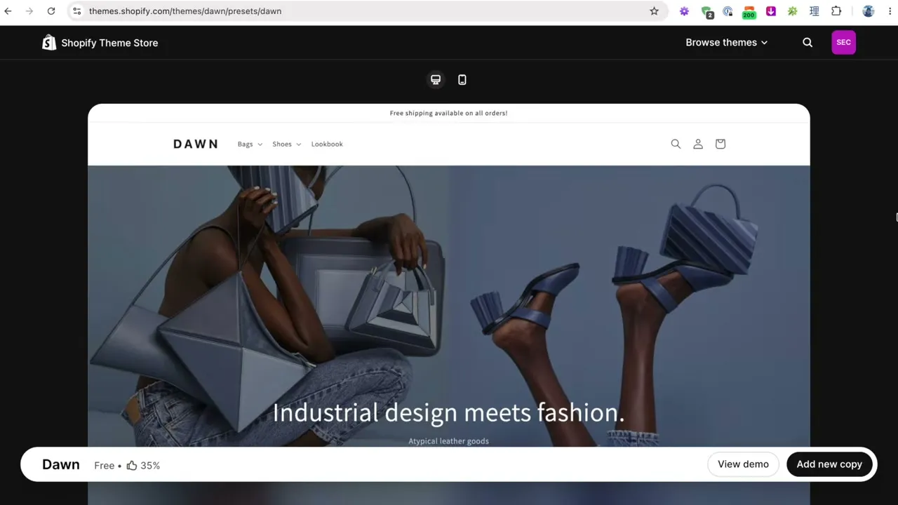 Dawn theme preview on the Shopify theme store