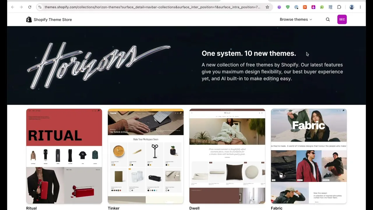 The Horizon themes collection on the Shopify theme store — "One system. 10 new themes."
