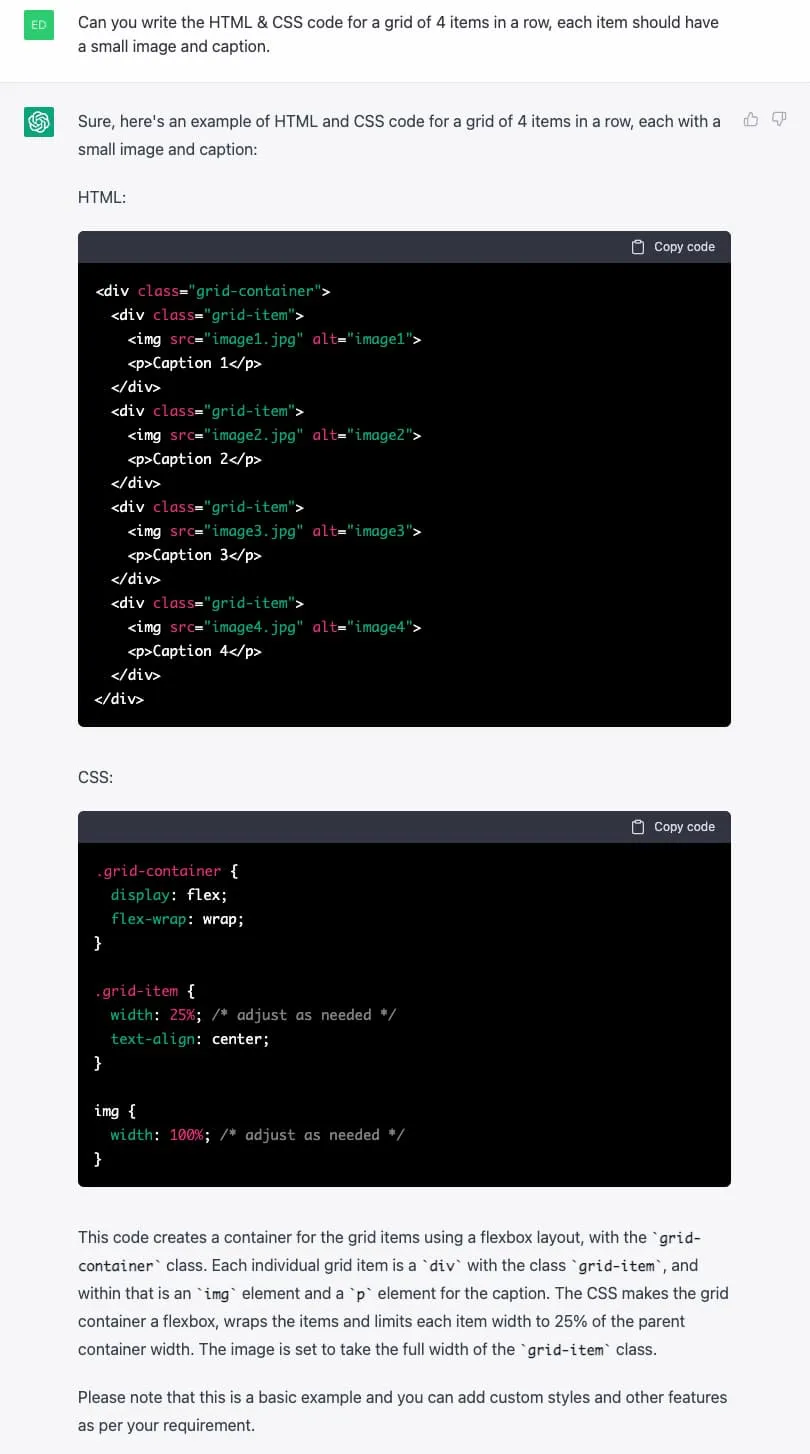 Using Chat GPT for a simple HTML &#x26; CSS Layout