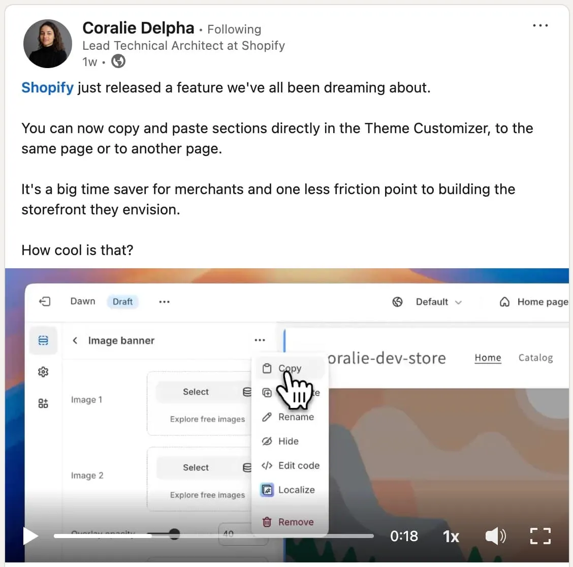 Screenshot of copying Shopify sections on Coralie Delpha LinkedIn
