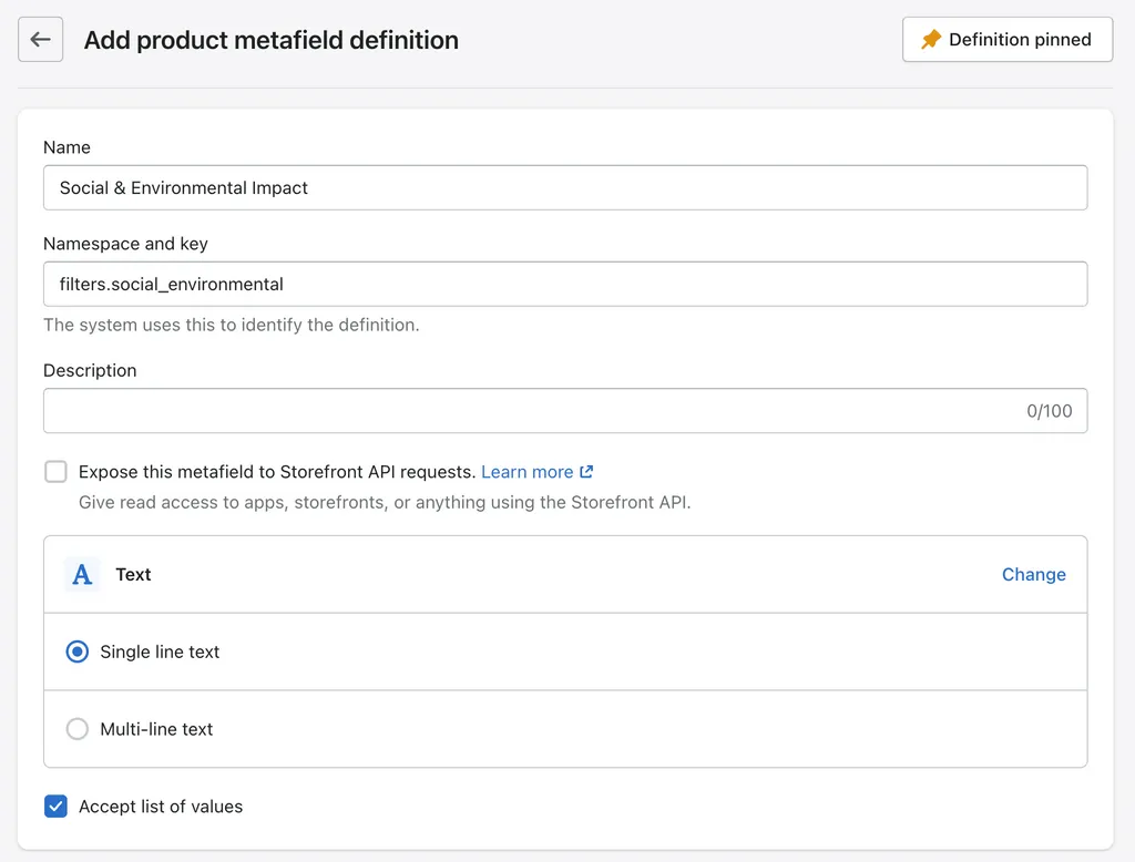 Define a metafield for storefront filters in Shopify 2.0