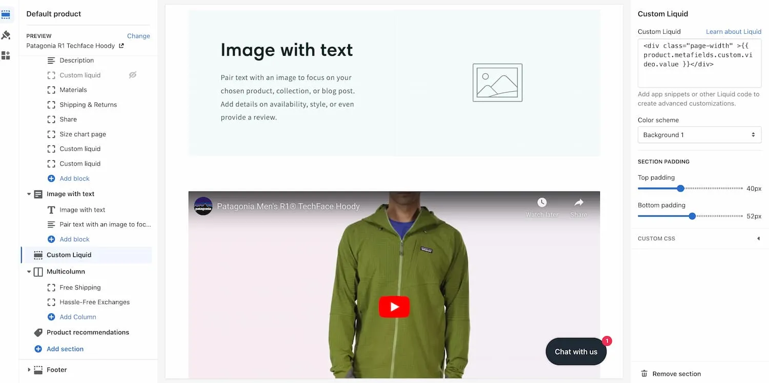 A video in a custom liquid section in Shopify