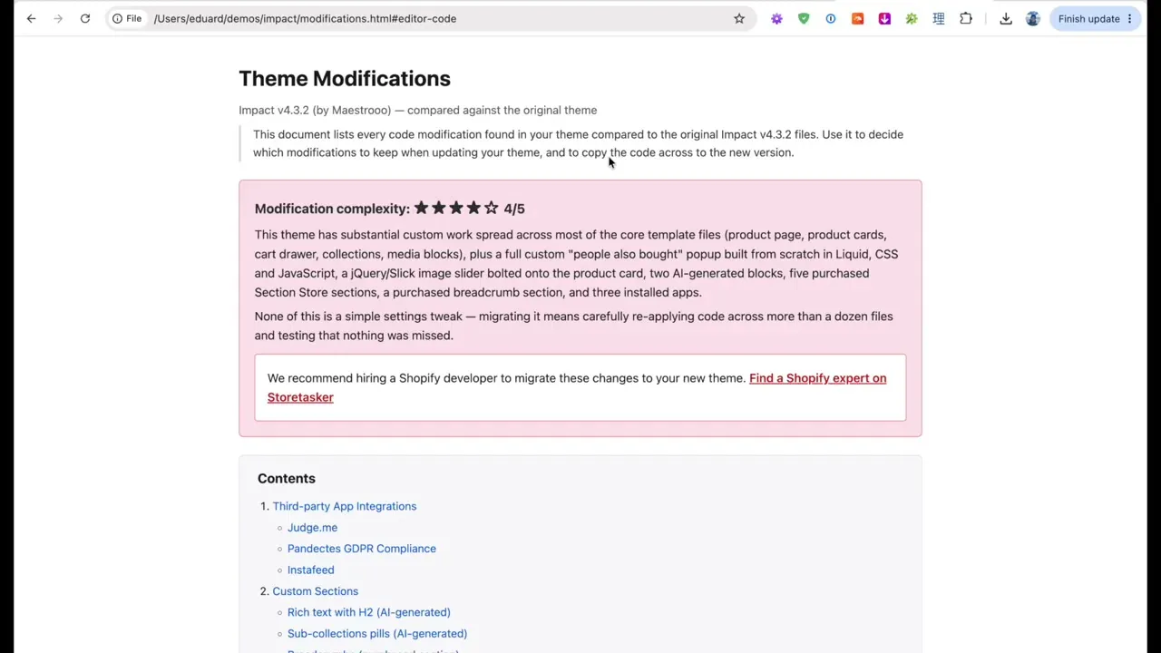 The generated Theme Modifications report showing a 4 out of 5 complexity rating and a table of contents