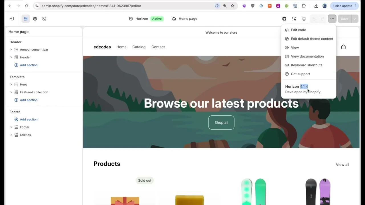 The Shopify theme customizer three-dot menu showing the Horizon 4.1.4 version number