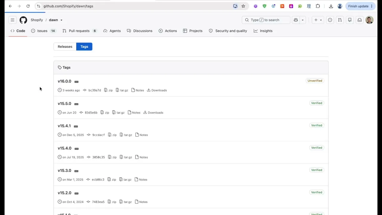 The tags page of the Shopify Dawn repository on GitHub listing every released version