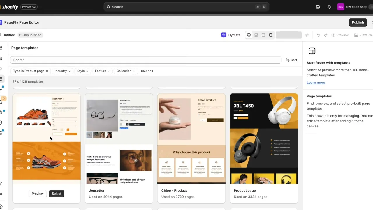 The PageFly page editor in the Shopify admin, showing a list of product page templates