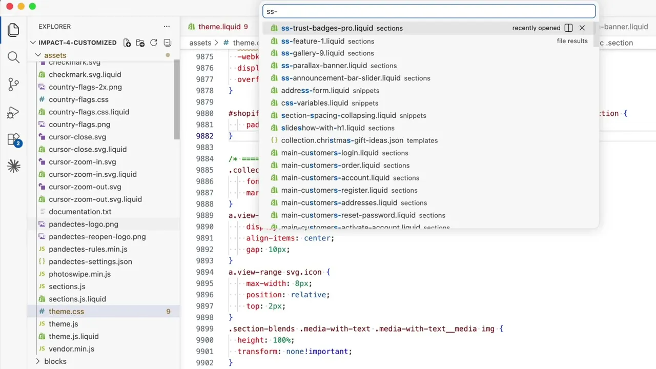 Searching the Impact 4 theme files and seeing all the ss- prefixed sections from Section Store