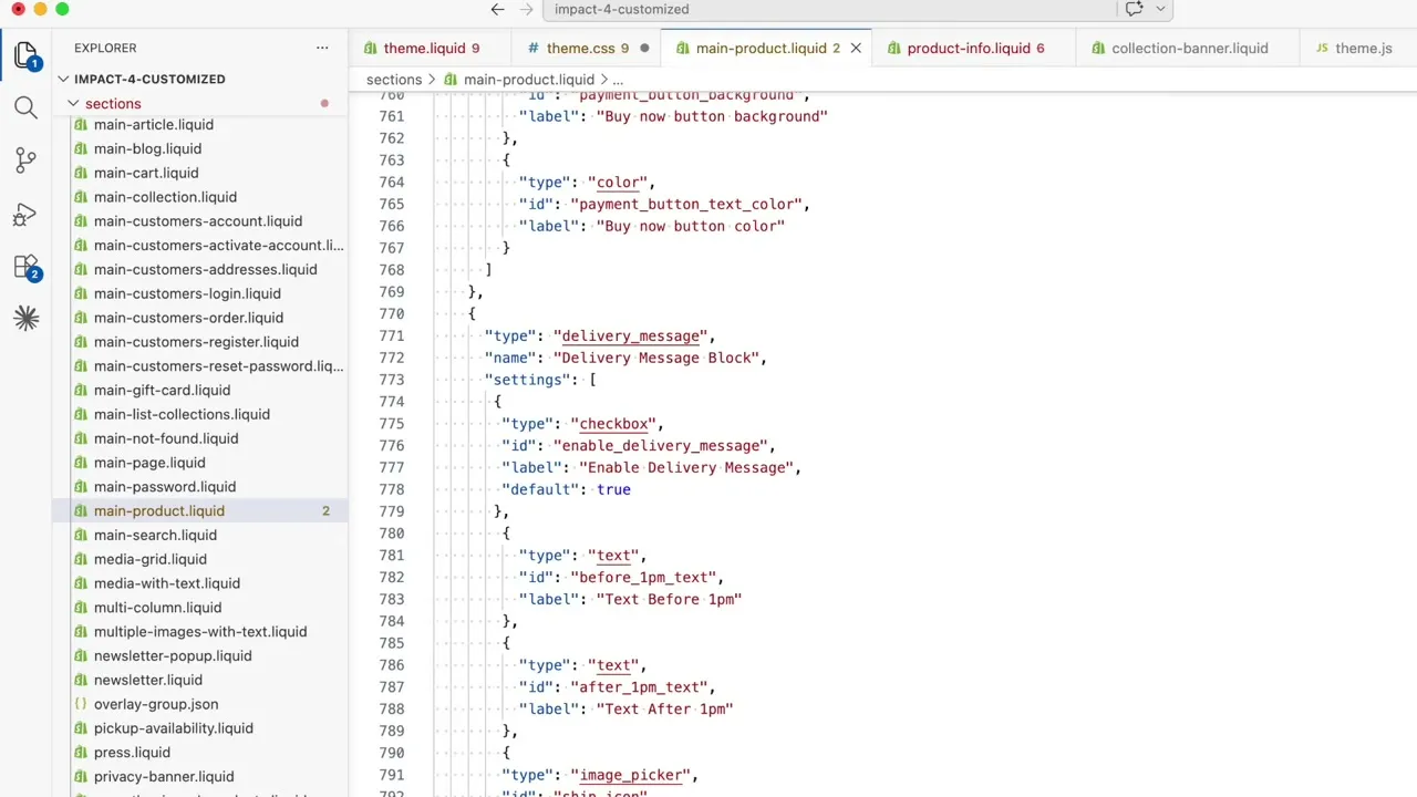 The delivery_message block schema settings inside main-product.liquid