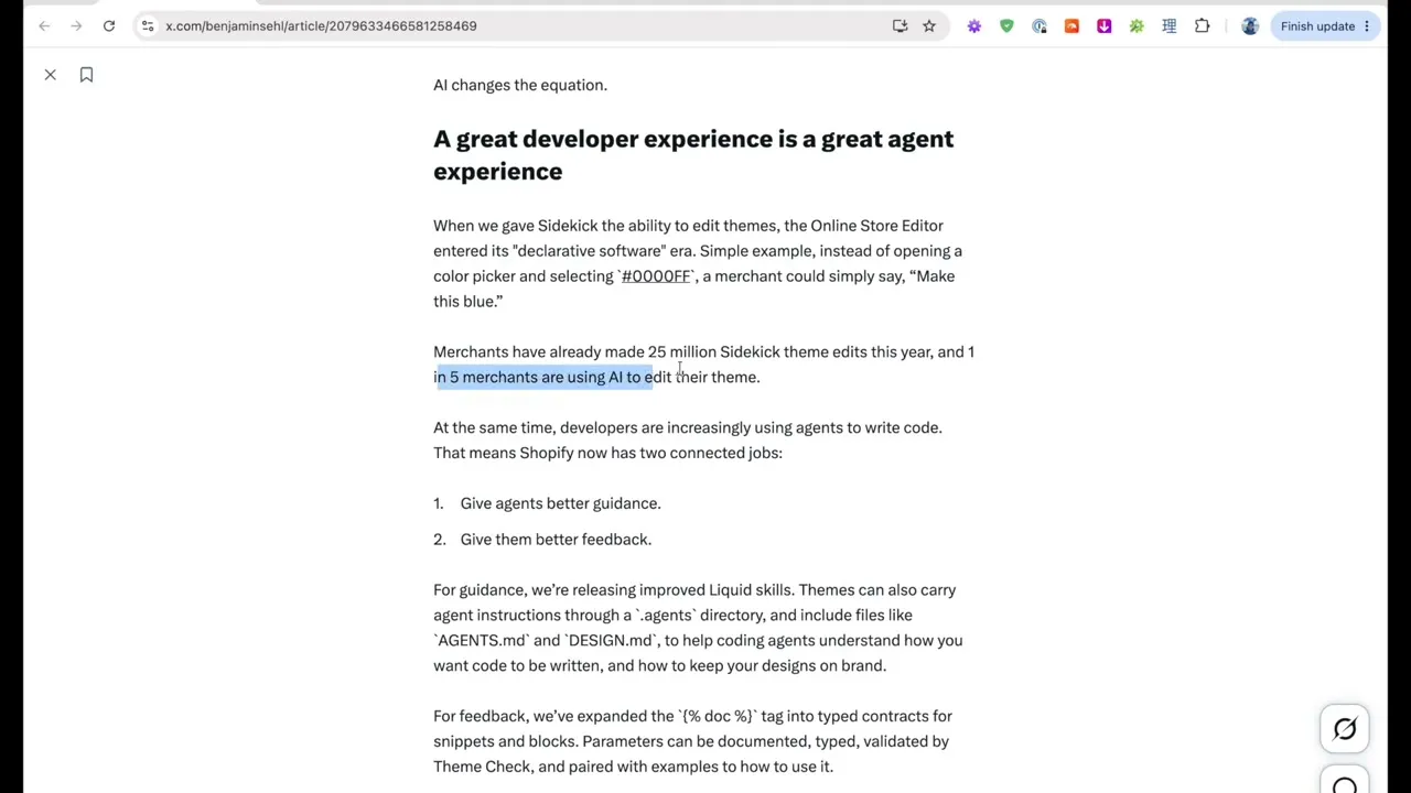 Ben Sehl's article with the line about 1 in 5 merchants using AI to edit their theme highlighted