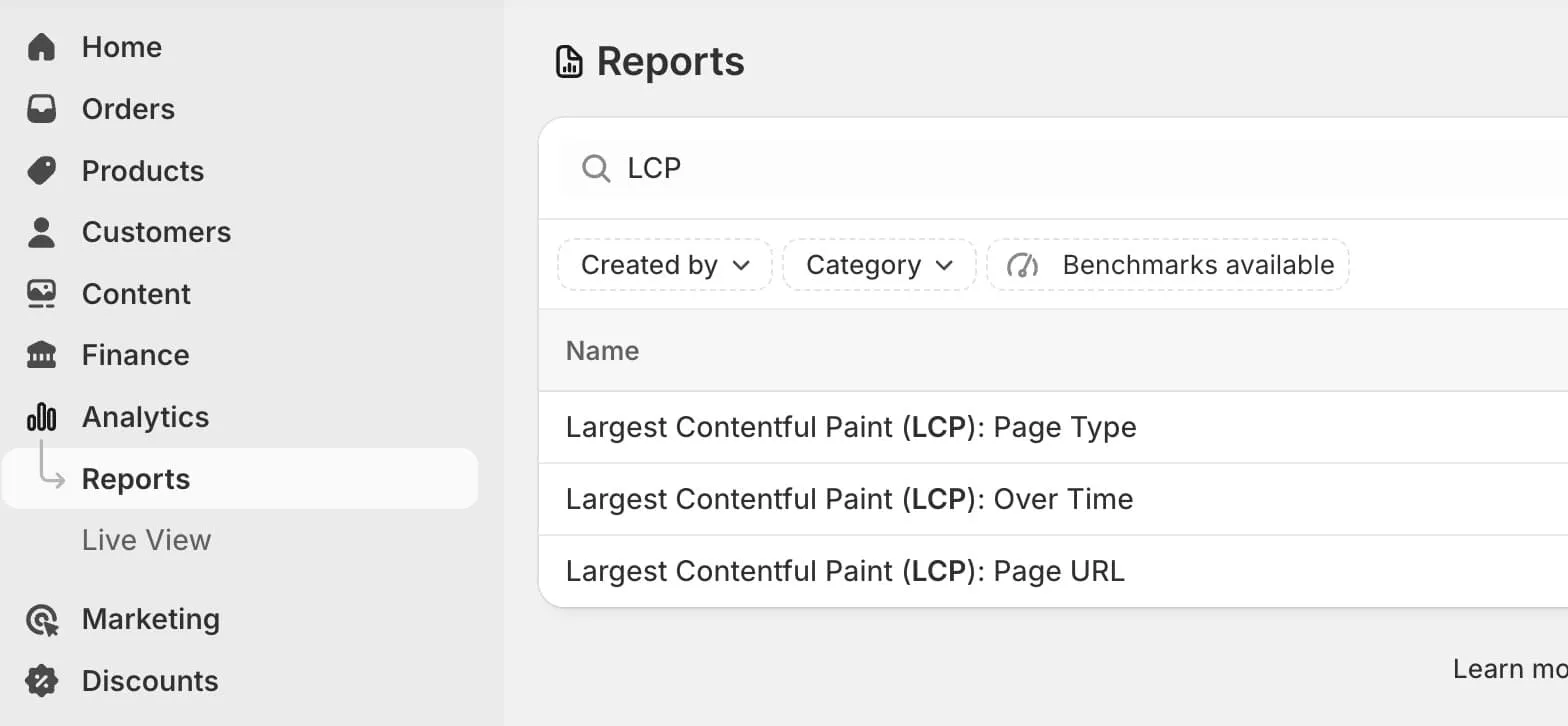 LCP performance reports by page url in Shopify