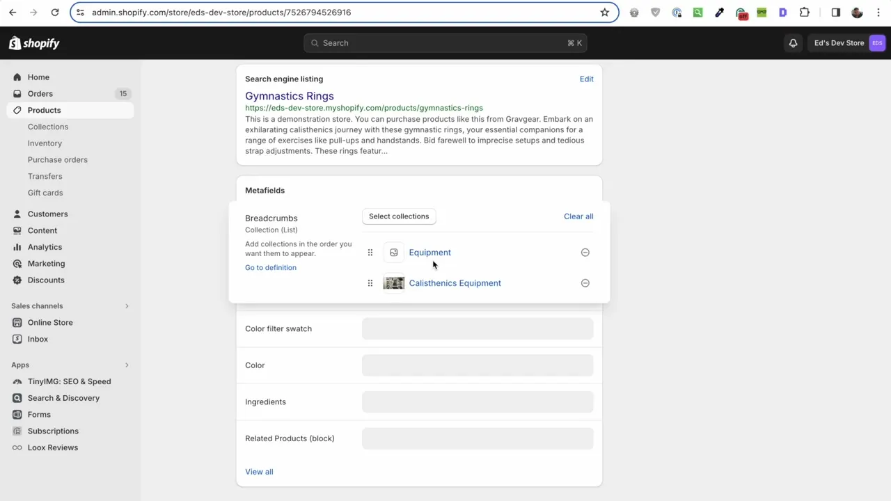 The Breadcrumbs metafield at the bottom of a Shopify product page, listing Equipment and Calisthenics Equipment as parent collections