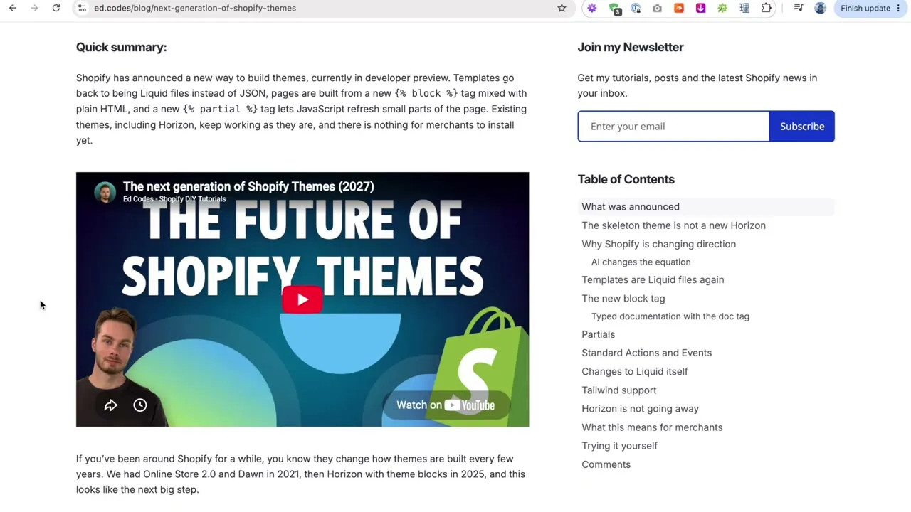 A blog post on ed.codes generated from a YouTube video, with the video embedded under a quick summary and a table of contents on the right
