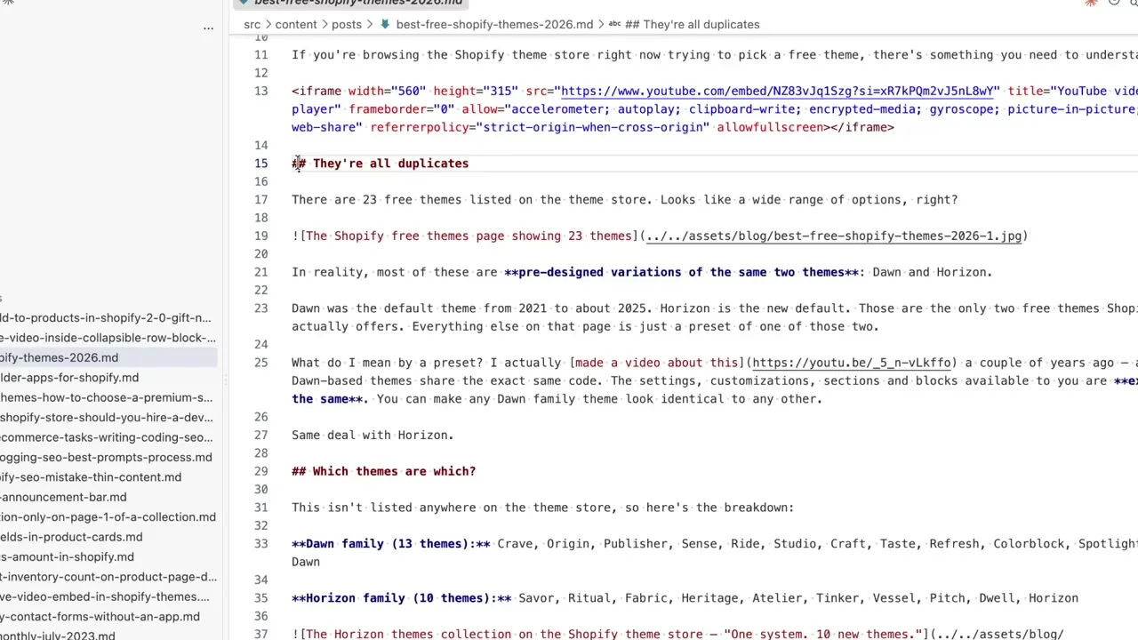 A blog post markdown file open in VS Code, with a YouTube iframe embed, a heading and an image reference
