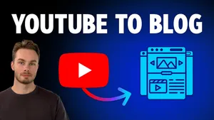 The YouTube logo with an arrow pointing to a blog page layout, under the title YouTube to Blog